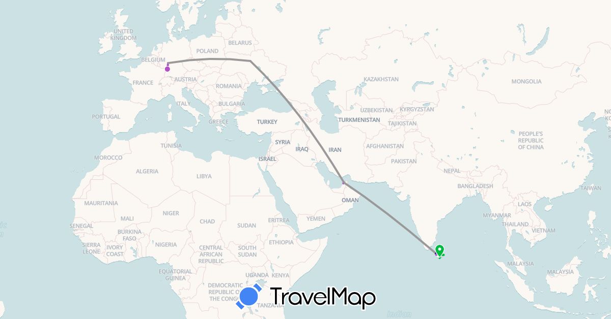 TravelMap itinerary: driving, bus, plane, train in United Arab Emirates, Germany, Sri Lanka, Ukraine (Asia, Europe)